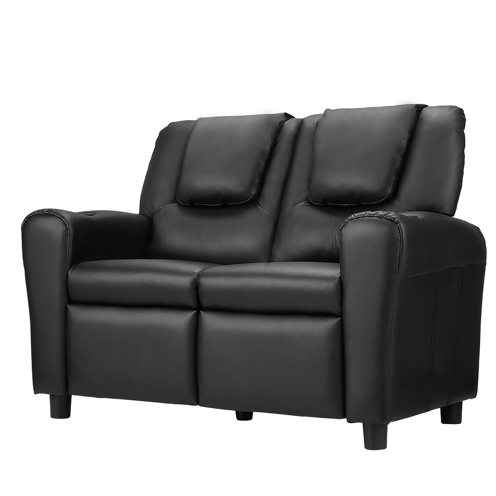 Keezi Kids Recliner Chair Double PU Leather Sofa Lounge Couch Armchair Black-0