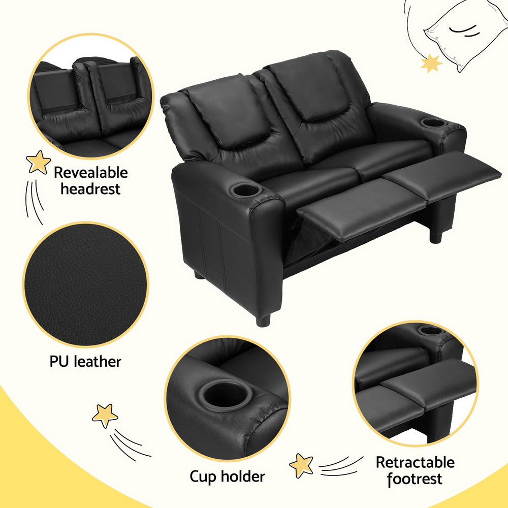 Keezi Kids Recliner Chair Double PU Leather Sofa Lounge Couch Armchair Black-5