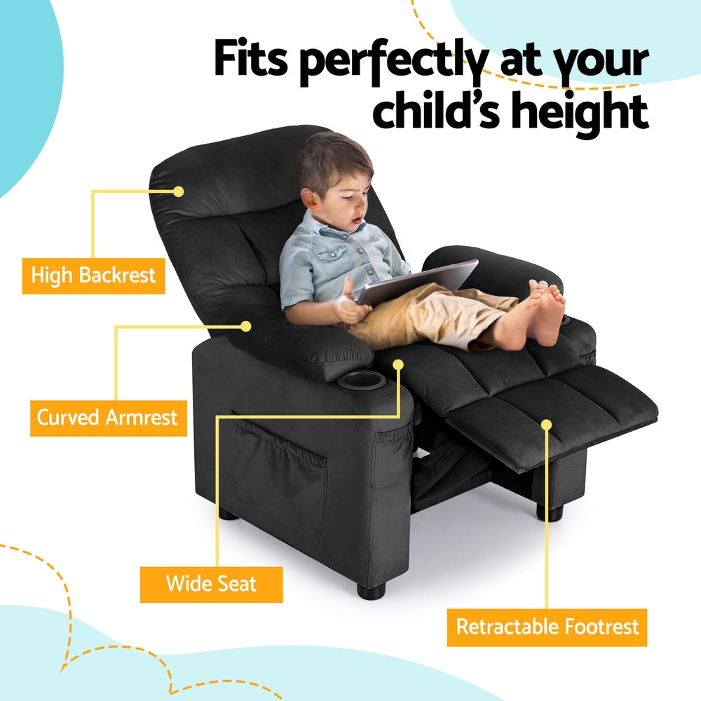 Keezi Kids Recliner Chair Black Velvet Sofa Lounge Couch Children Charis Armchair-3