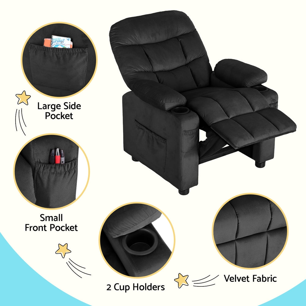 Keezi Kids Recliner Chair Black Velvet Sofa Lounge Couch Children Charis Armchair-5