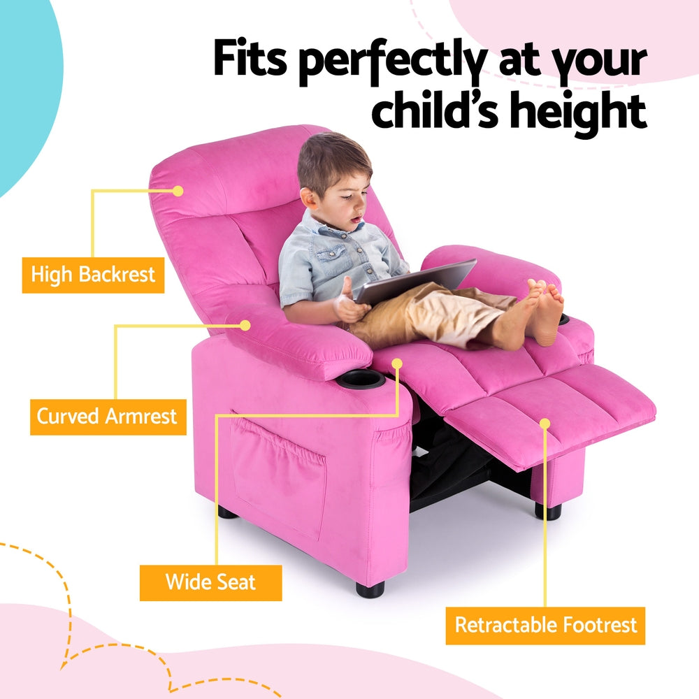 Keezi Kids Recliner Chair Pink Velvet Sofa Lounge Couch Children Charis Armchair-3