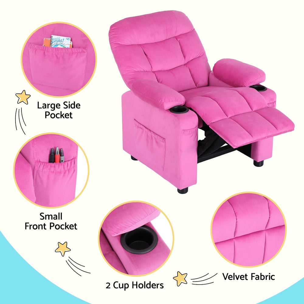 Keezi Kids Recliner Chair Pink Velvet Sofa Lounge Couch Children Charis Armchair-5