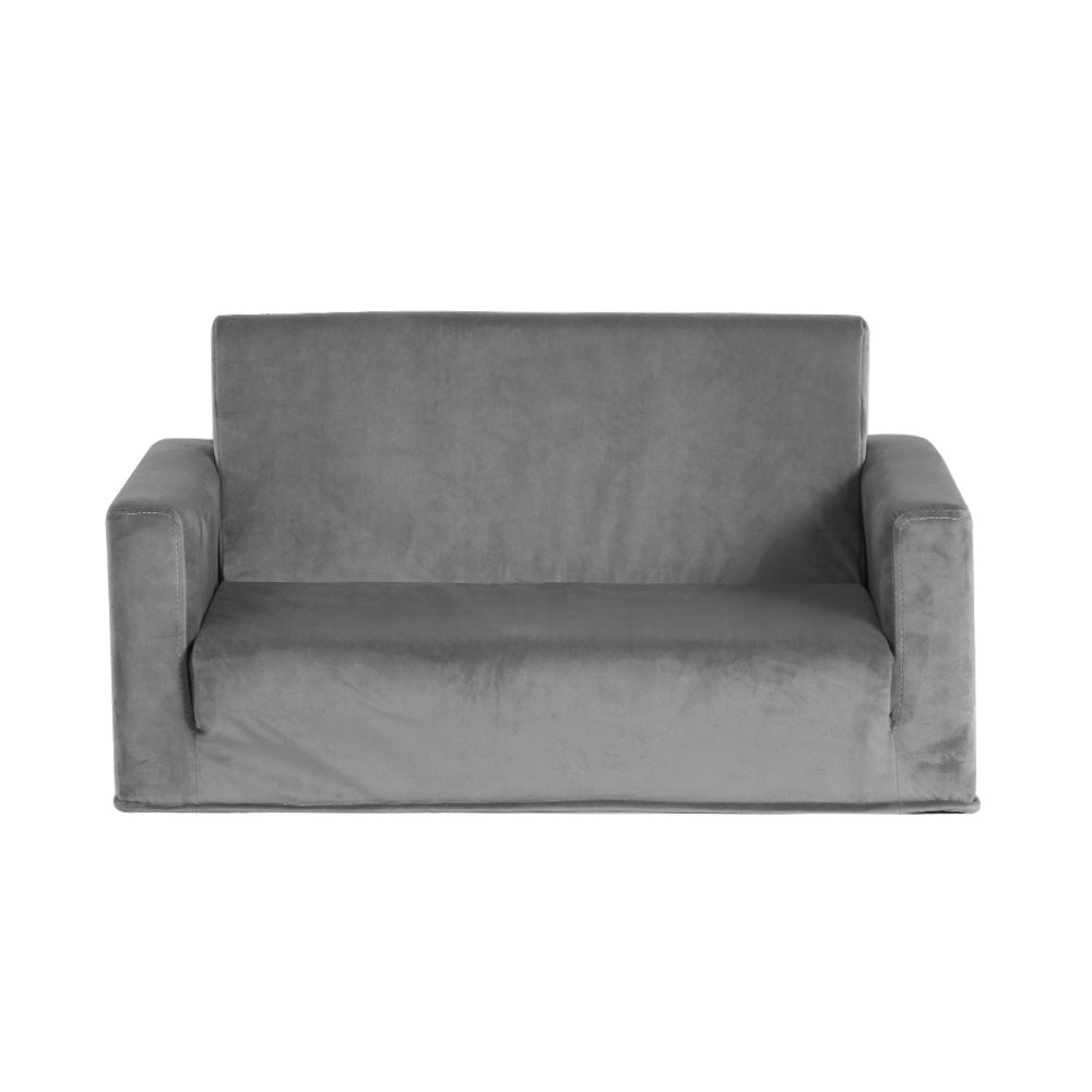 Keezi Kids Sofa 2 Seater Children Flip Open Couch Velvet Armchair Grey-2