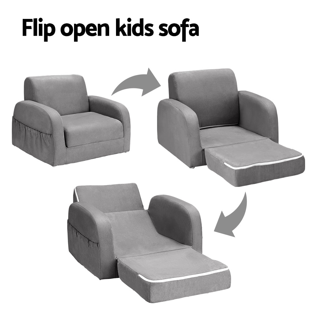 Keezi Kids Sofa 2 Seater Children Flip Open Couch Lounger Armchair Soft Grey-4