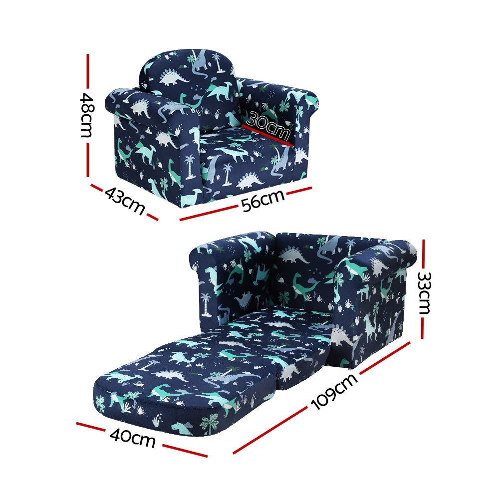 Keezi Kids Sofa 2 Seater Children Flip Open Couch Lounger Armchair Dinosaur Navy-1