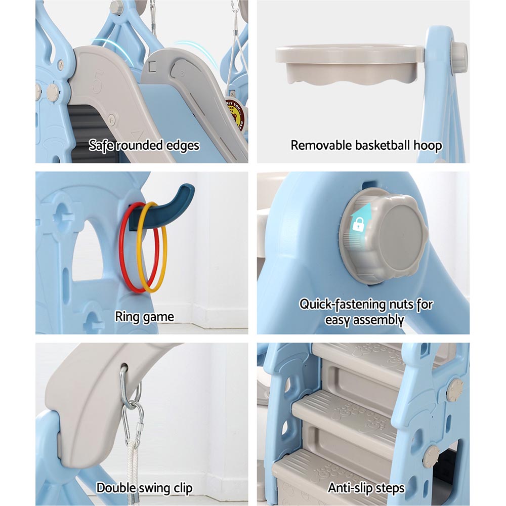 Keezi Kids Slide Swing Set Basketball Hoop Rings Outdoor Playground 170cm Blue-4