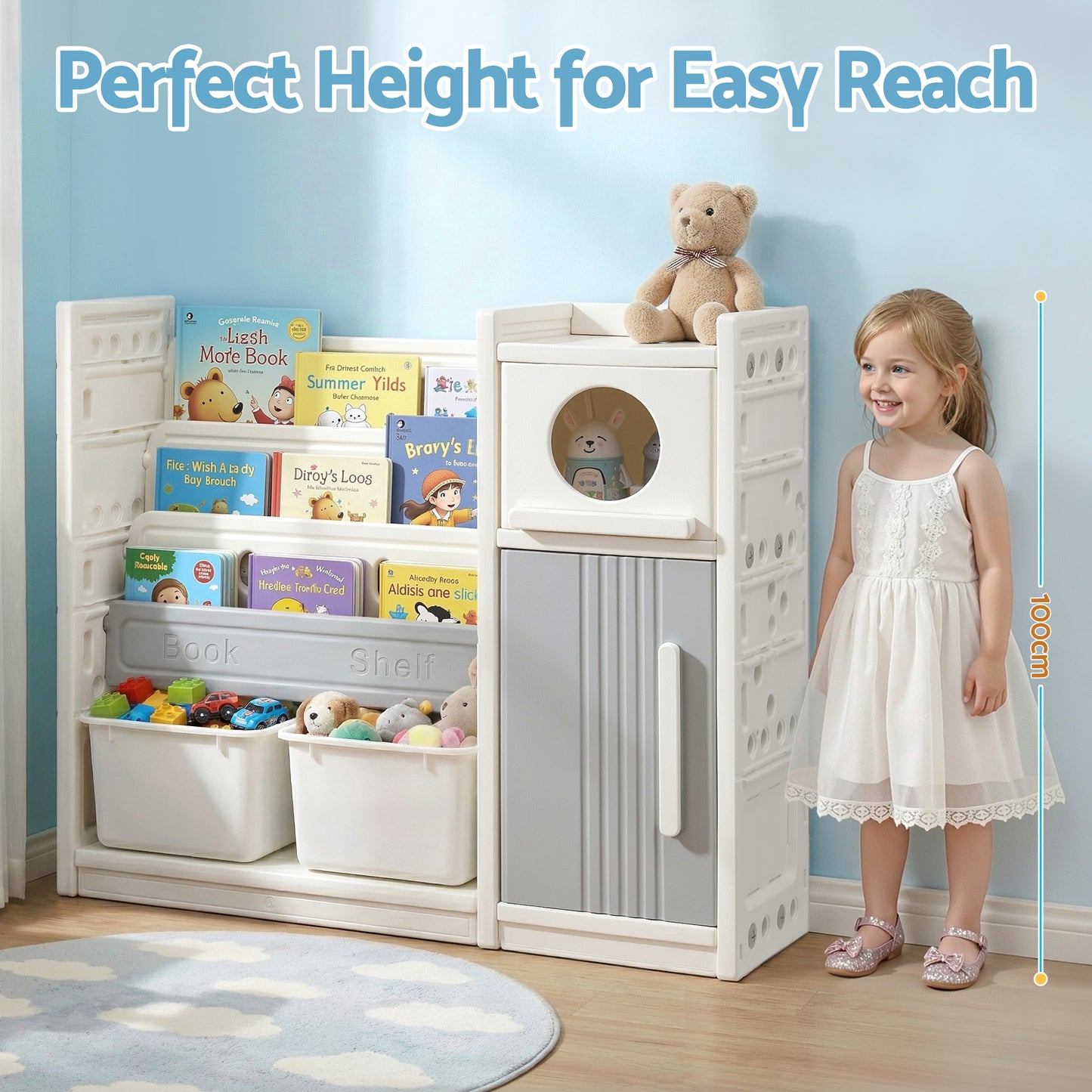 Keezi Kids Bookshelf and Toy Storage Organizer with 3-Tier Bookshelvs, 2 Removable Bins and 2 Storage Cabinets, Toddler Bookshelf with Toy Organizer for Kids' Rooms, Playrooms-4