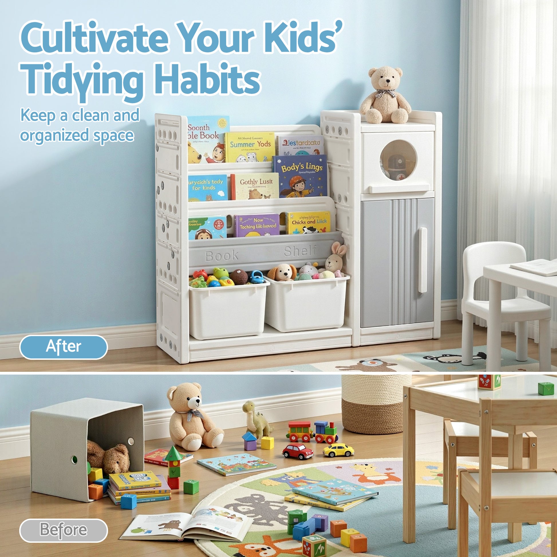 Keezi Kids Bookshelf and Toy Storage Organizer with 3-Tier Bookshelvs, 2 Removable Bins and 2 Storage Cabinets, Toddler Bookshelf with Toy Organizer for Kids' Rooms, Playrooms-5