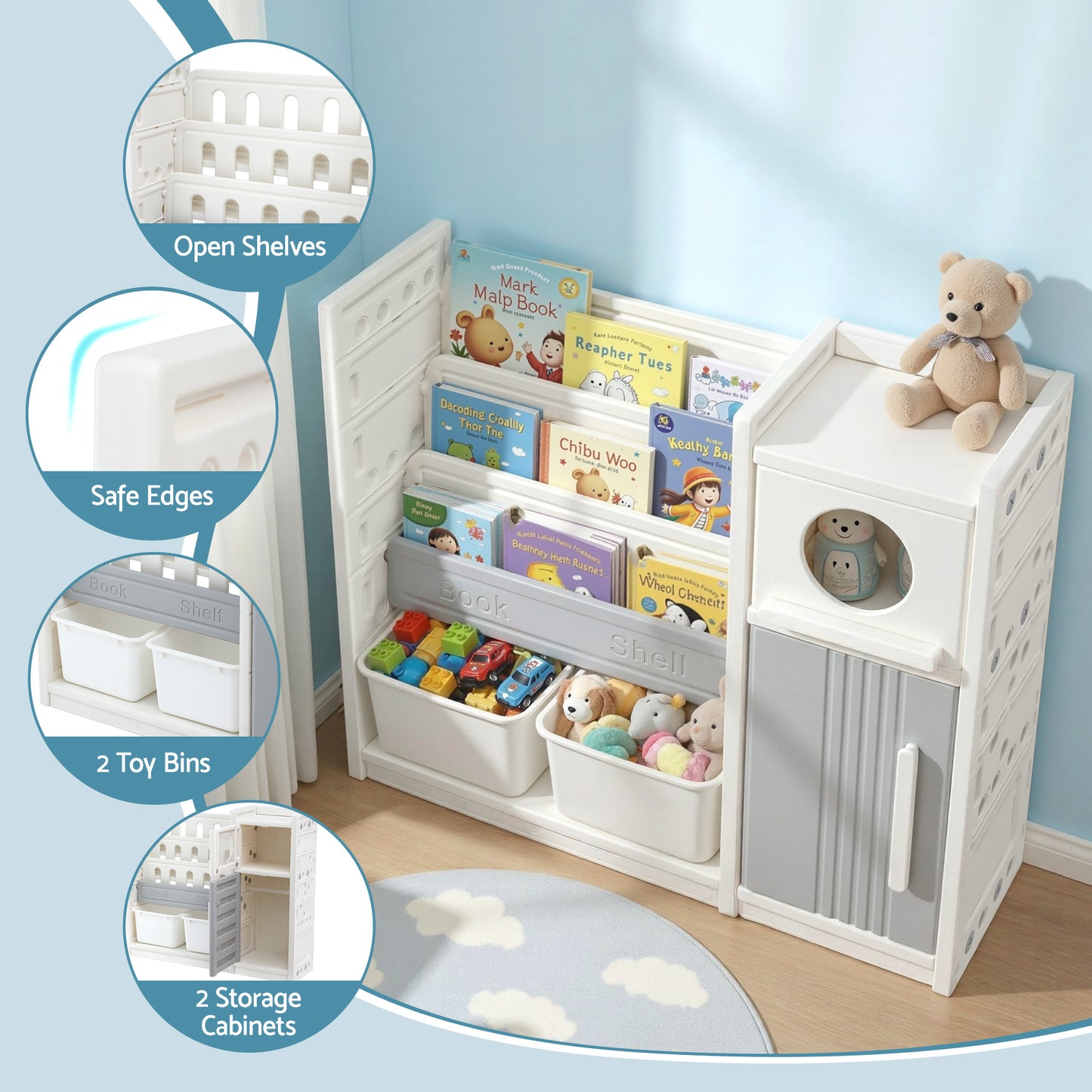 Keezi Kids Bookshelf and Toy Storage Organizer with 3-Tier Bookshelvs, 2 Removable Bins and 2 Storage Cabinets, Toddler Bookshelf with Toy Organizer for Kids' Rooms, Playrooms-6