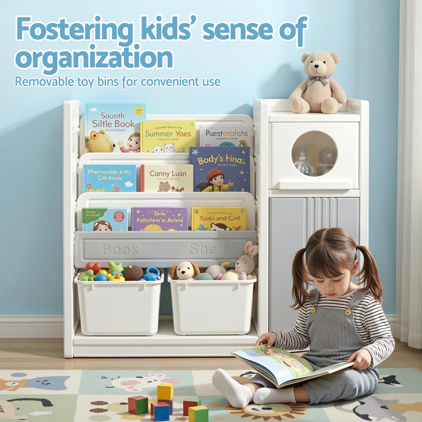 Keezi Kids Bookshelf and Toy Storage Organizer with 3-Tier Bookshelvs, 2 Removable Bins and 2 Storage Cabinets, Toddler Bookshelf with Toy Organizer for Kids' Rooms, Playrooms-7