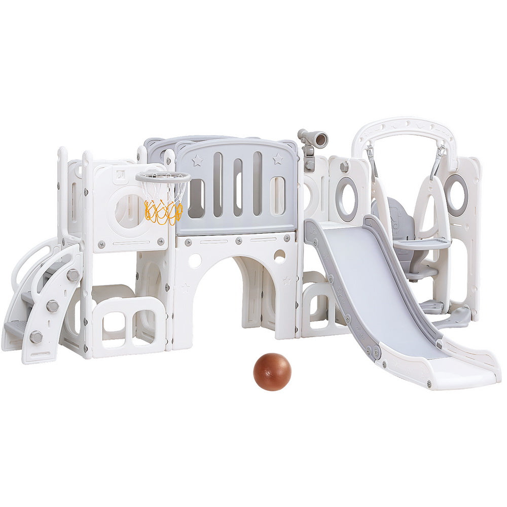 Keezi Kids Slide Swing Set Basketball Hoop Ring Football Outdoor Toys 132cm grey-0