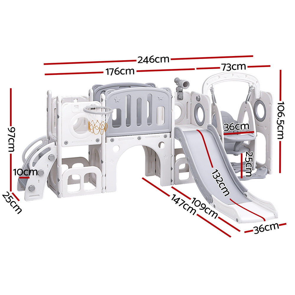 Keezi Kids Slide Swing Set Basketball Hoop Ring Football Outdoor Toys 132cm grey-1