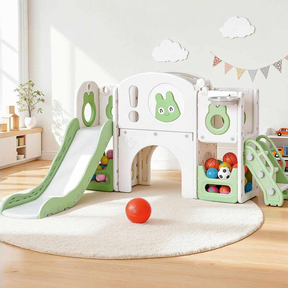 Keezi Kids Slide Swing Set Ball Hoop Rings Football Outdoor Toys Green-0