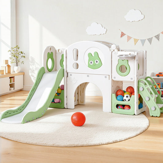 Keezi Kids Slide Swing Set Ball Hoop Rings Football Outdoor Toys Green-0