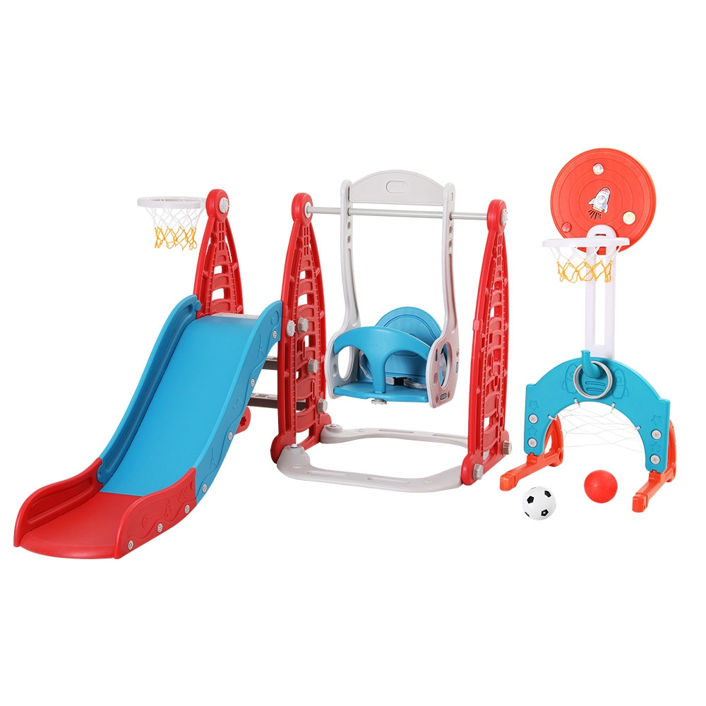 Keezi Kids Slide Swing Set Basketball Hoop Rings Football Outdoor Toys 140cm Red-0