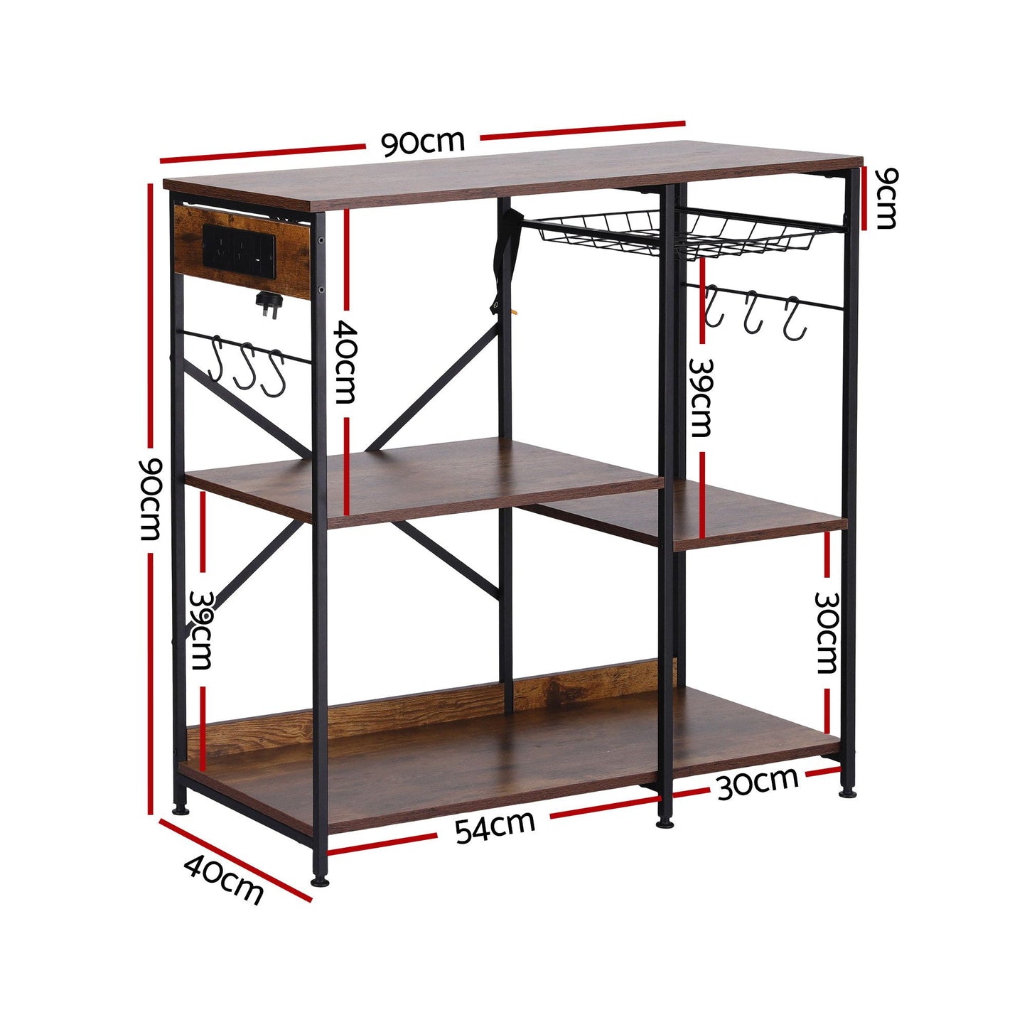 Artiss 3-Tier Kitchen Rack with 2 Power Outlets Microwave Storage Shelf 6 Hooks 90CM