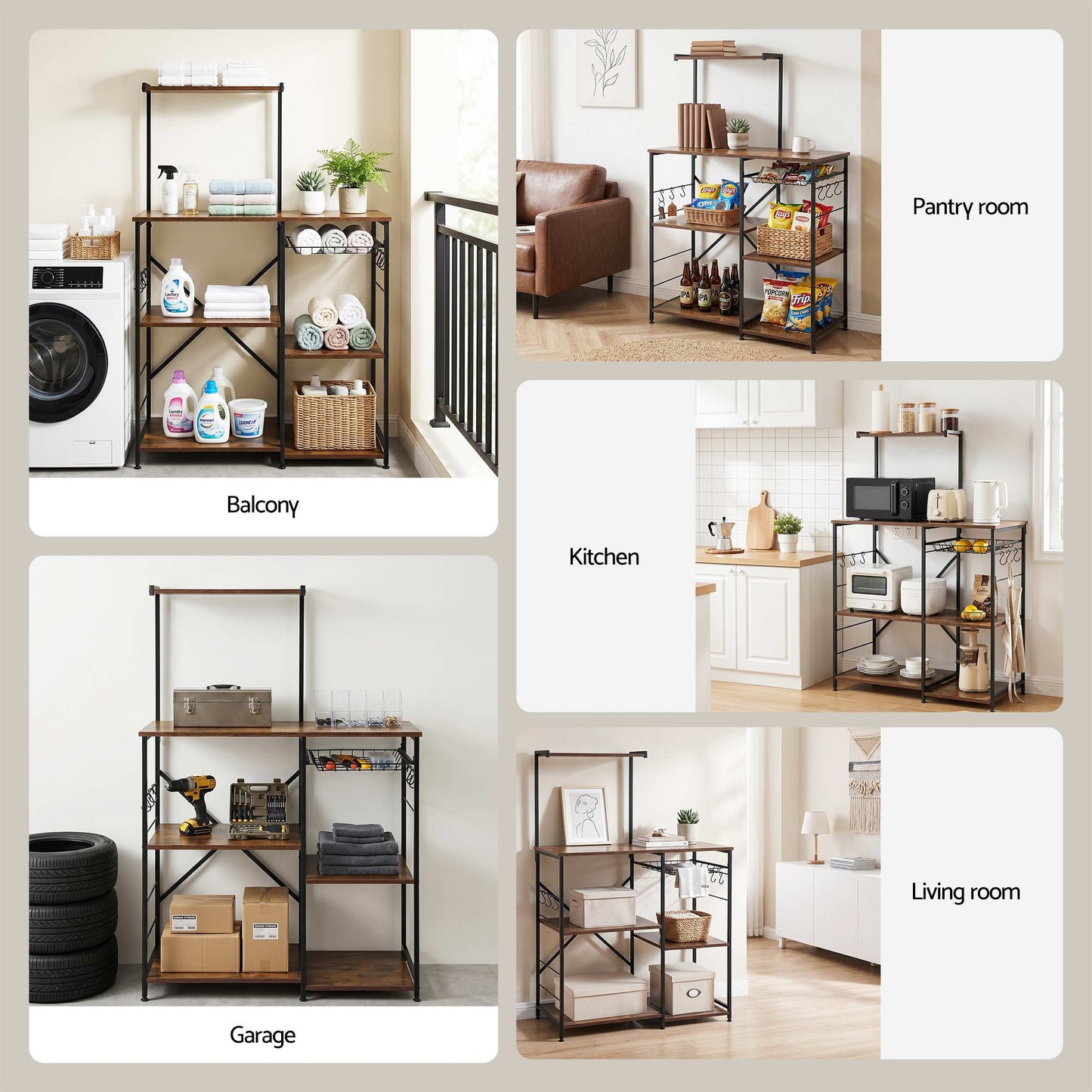 Artiss 4-Tier Kitchen Rack with Pull Out Basket 6 Hooks Microwave Storage Shelf