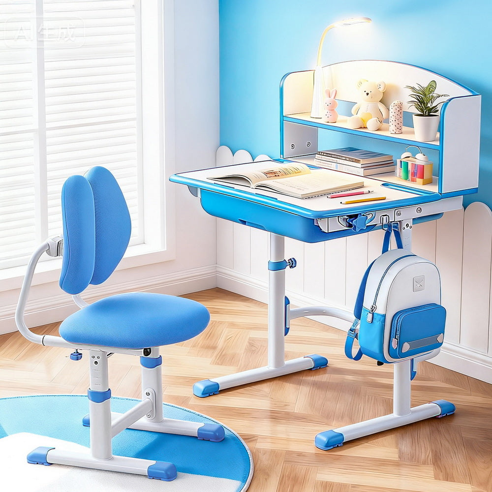 Keezi Kids Study Desk Chair Set Adjustable Ergonomic Table LED Lamp Blue-6