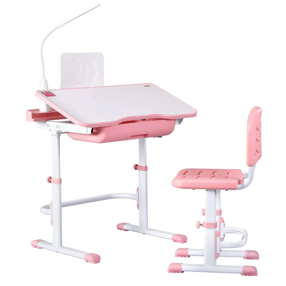 Keezi Kids Table and Chair Set Adjustable Study Desk w/ LED Lamp Reading Pink-0