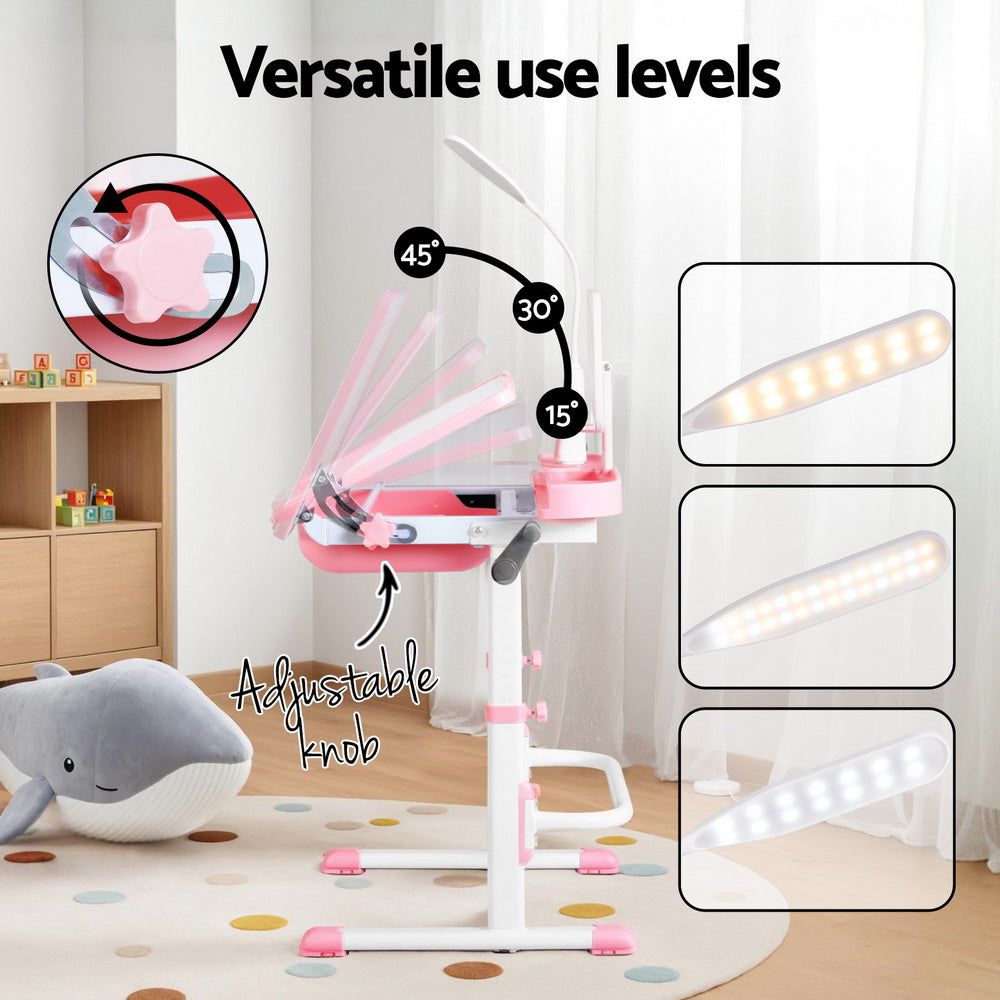 Keezi Kids Table and Chair Set Adjustable Study Desk w/ LED Lamp Reading Pink-4