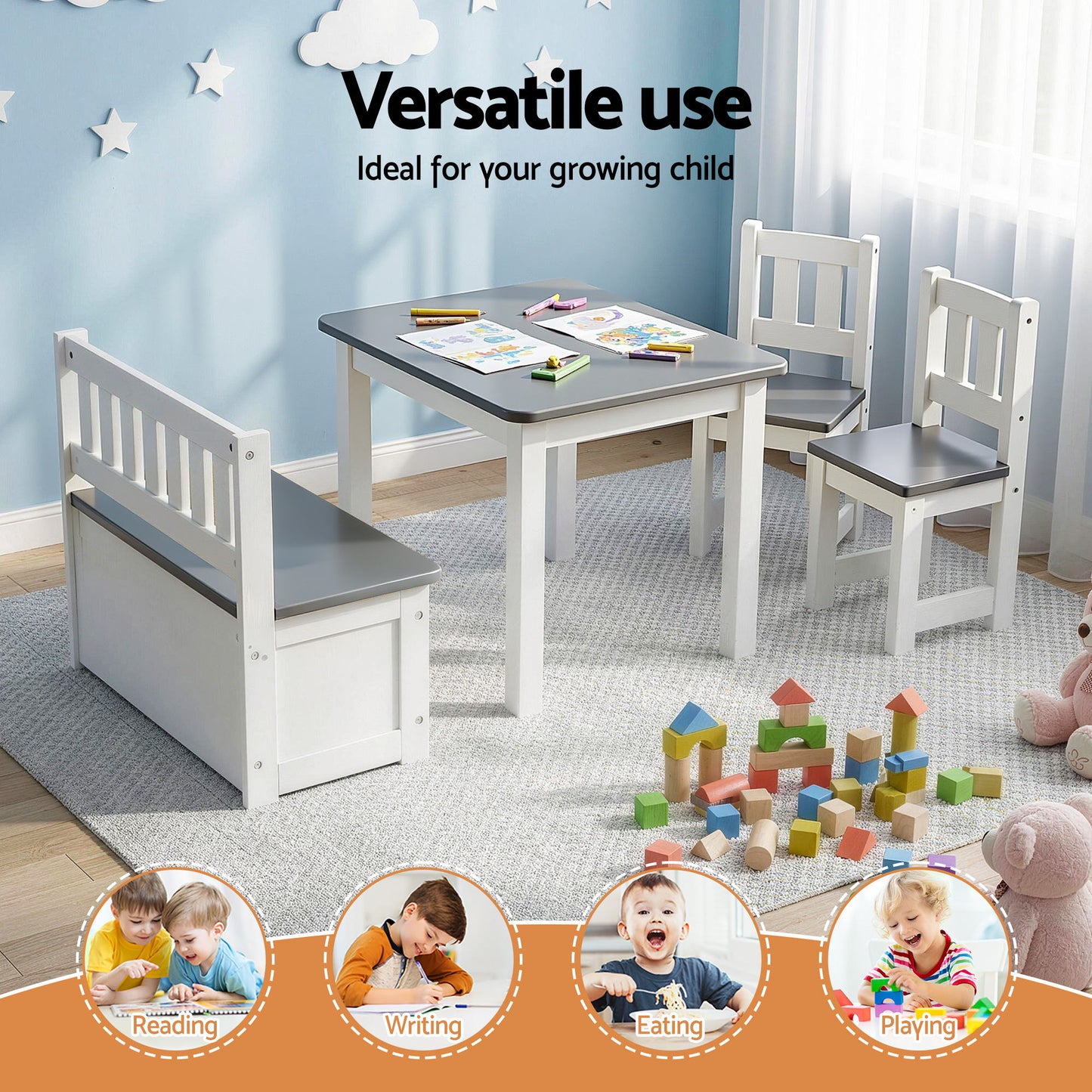 Keezi 2 in 1 Kids Table and Chair Set, Activity Table with Storage Bench and 2 Chairs for Reading, Drawing, Writing, Snack Time & Arts Crafts, 4 PCS Toddler Table and Chair Set, Grey-4