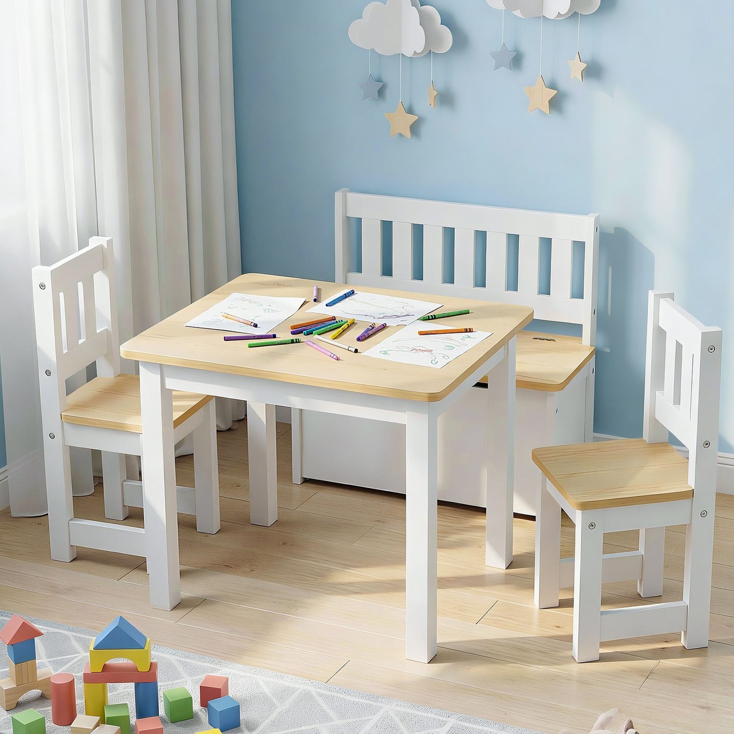 Keezi 2 in 1 Kids Table and Chair Set, Activity Table with Storage Bench and 2 Chairs for Reading, Drawing, Writing, Snack Time & Arts Crafts, 4 PCS Toddler Table and Chair Set, Natural-7