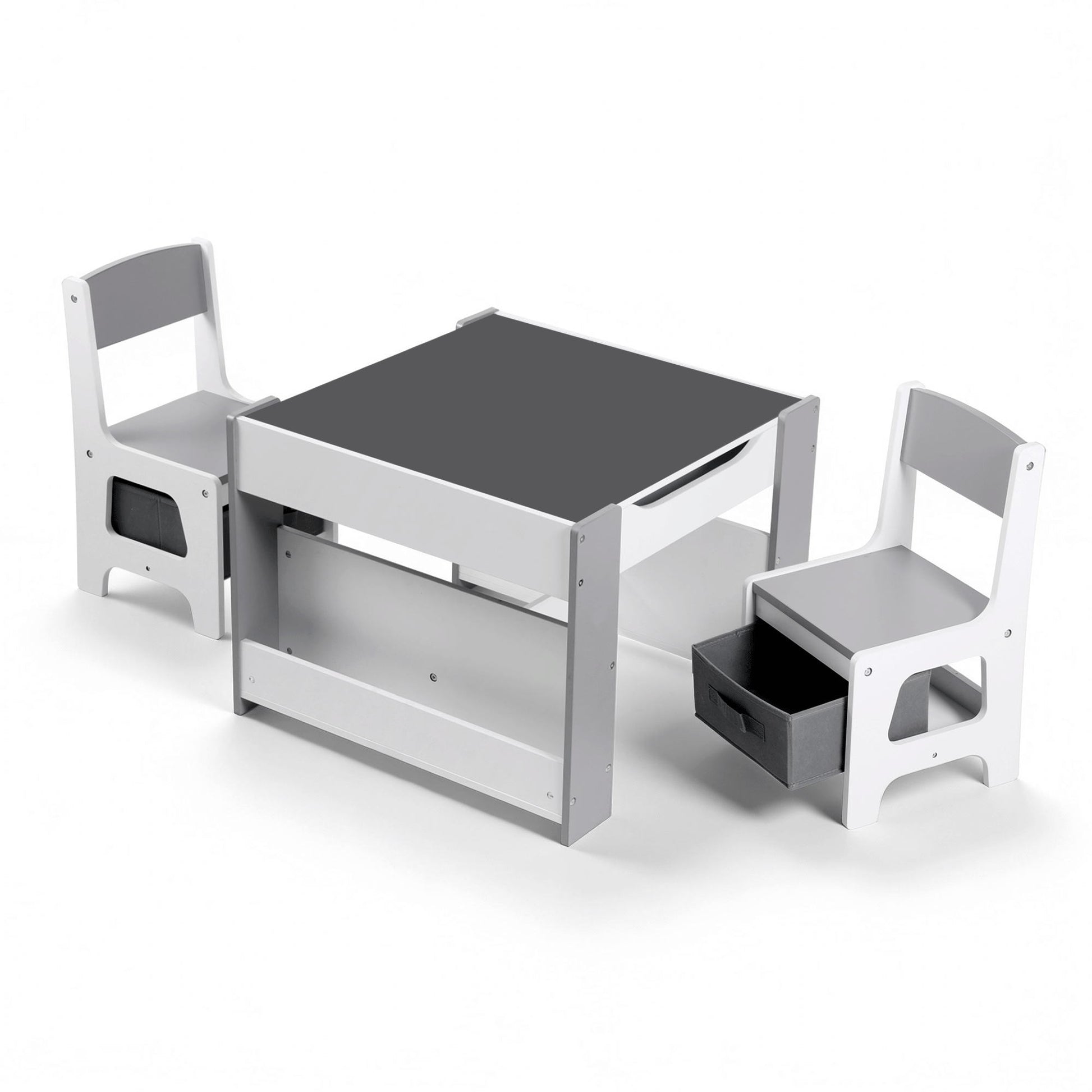 Keezi Kids Table and Chair Set, 4 in 1 Wooden Activity Table with Bookcase, Storage Box and Detachable Blackboard, Toddler Table and 2 Chairs Set, Grey-2