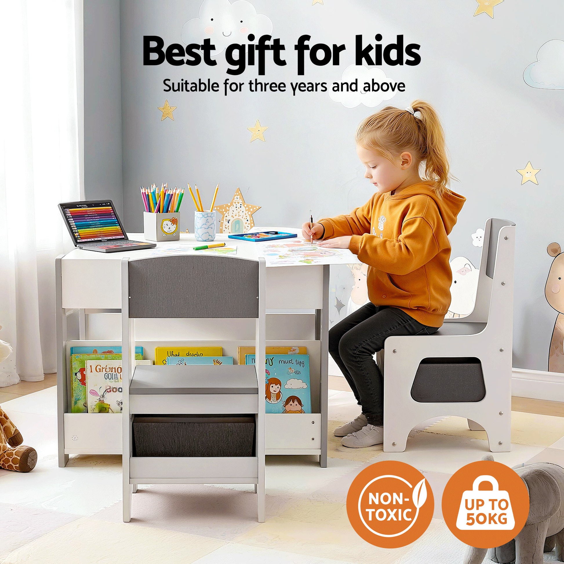 Keezi Kids Table and Chair Set, 4 in 1 Wooden Activity Table with Bookcase, Storage Box and Detachable Blackboard, Toddler Table and 2 Chairs Set, Grey-3