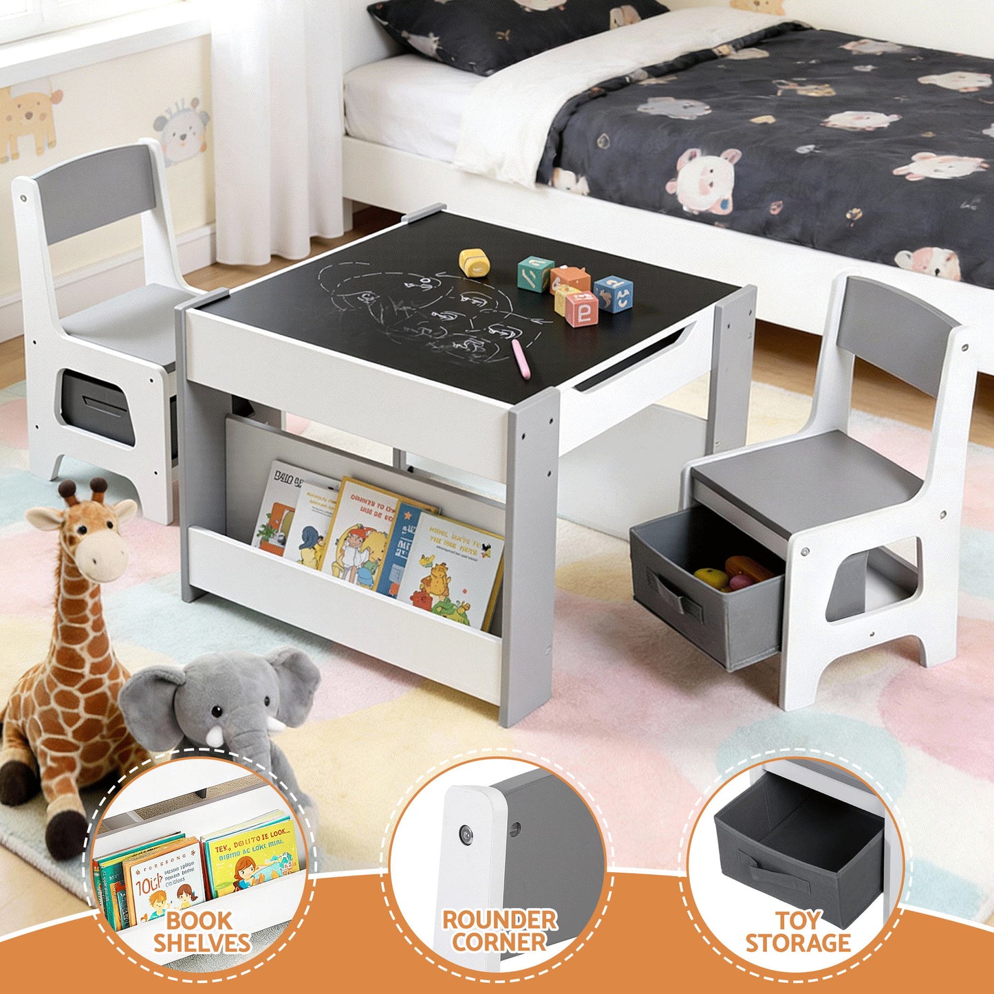 Keezi Kids Table and Chair Set, 4 in 1 Wooden Activity Table with Bookcase, Storage Box and Detachable Blackboard, Toddler Table and 2 Chairs Set, Grey-6