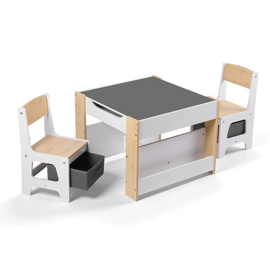 Keezi Kids Table and Chair Set, 4 in 1 Wooden Activity Table with Bookcase, Storage Box and Detachable Blackboard, Toddler Table and 2 Chairs Set, Natural-0