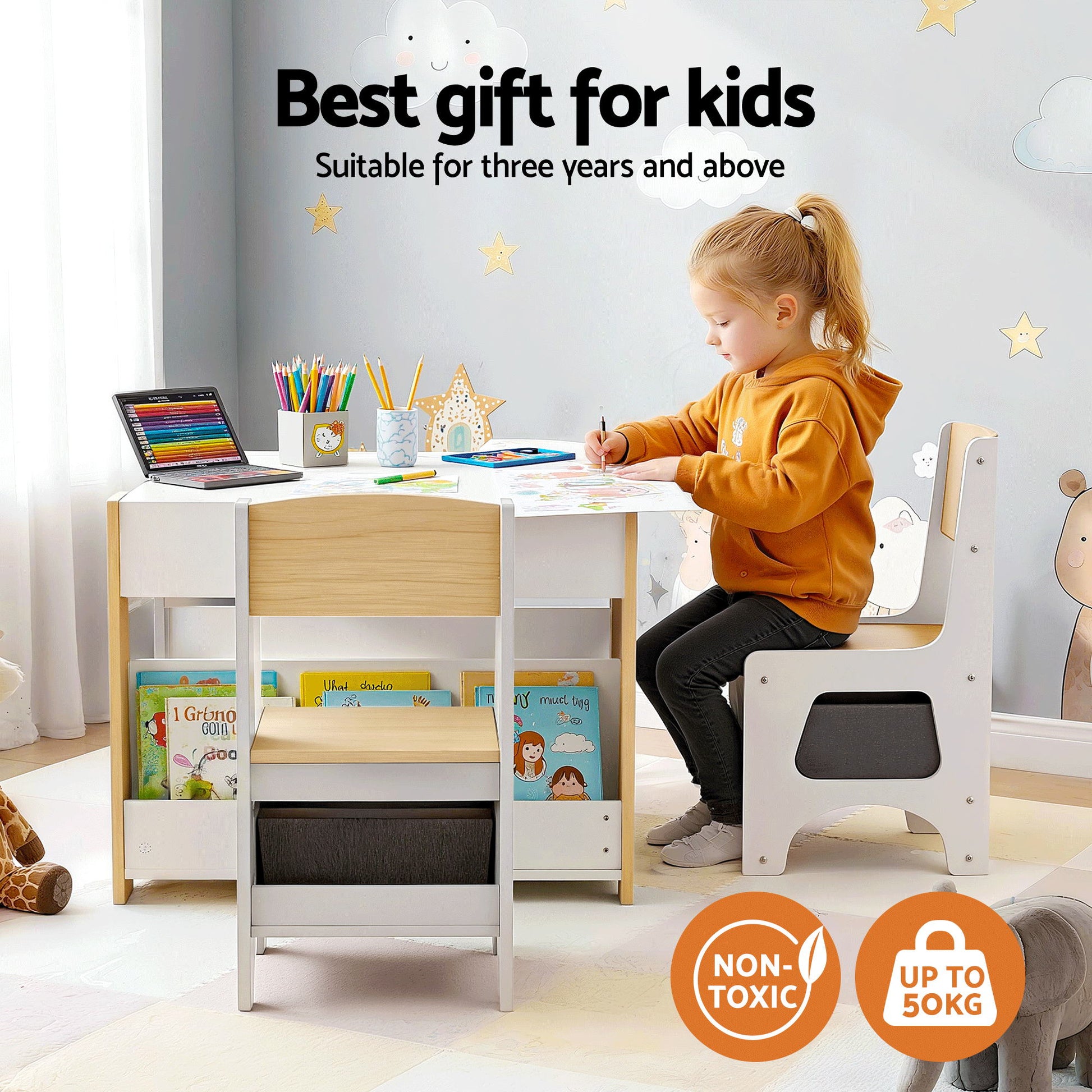 Keezi Kids Table and Chair Set, 4 in 1 Wooden Activity Table with Bookcase, Storage Box and Detachable Blackboard, Toddler Table and 2 Chairs Set, Natural-3