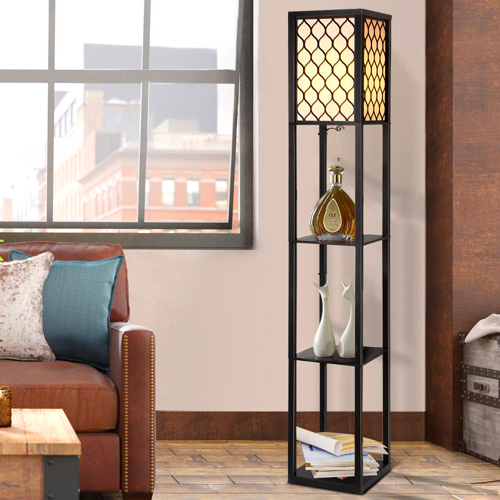 Artiss Floor Lamp 3 Tier Shelf Storage LED Light Stand Home Room Pattern Black-6