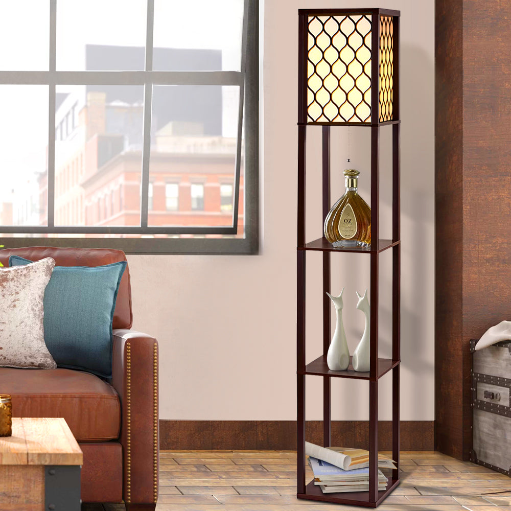 Artiss Floor Lamp 3 Tier Shelf Storage LED Light Stand Home Room Pattern Brown-6