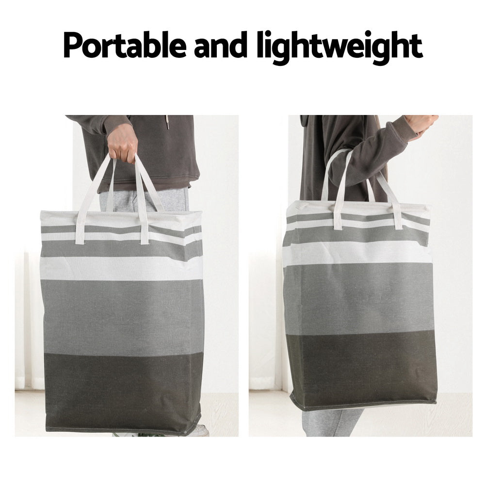 Artiss 2X Laundry Basket Hamper Foldable White Grey-4