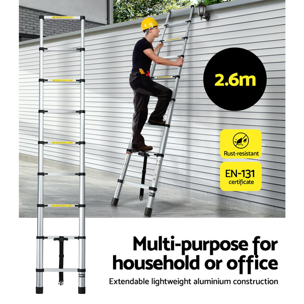 Giantz 2.6M Telescopic Ladder Aluminium Extension Extendable Steps Adjustable Height-4