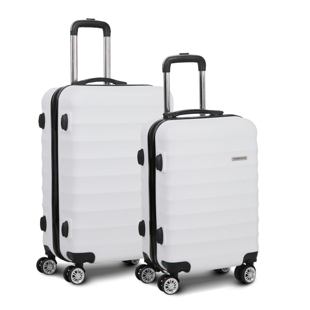 Wanderlite 2pcs Luggage Trolley Travel Suitcase Set TSA Hard Shell Case Strap White-2