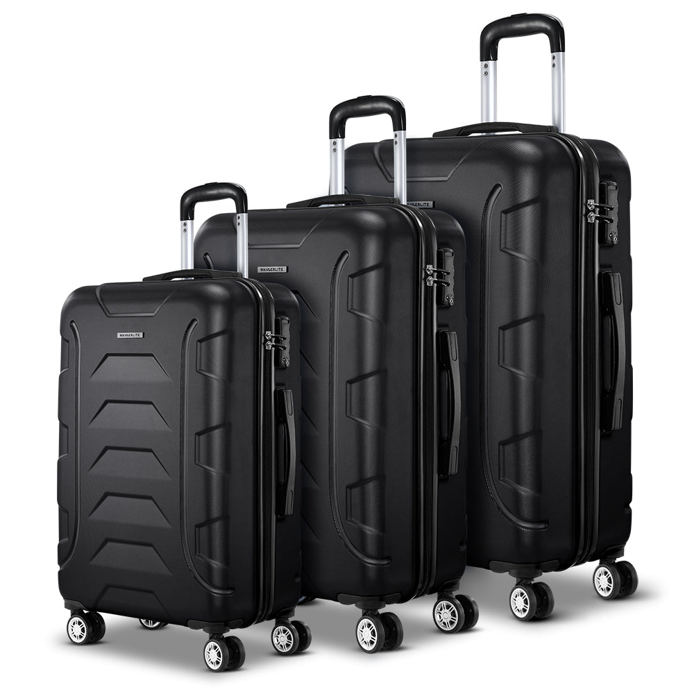 Wanderlite 3pc Luggage Trolley Travel Suitcase Set TSA Hard Case Lightweight Black-2