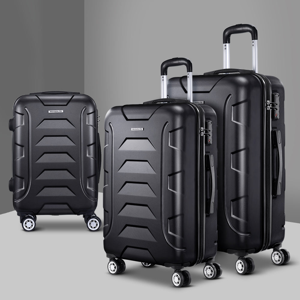 Wanderlite 3pc Luggage Trolley Travel Suitcase Set TSA Hard Case Lightweight Black-6