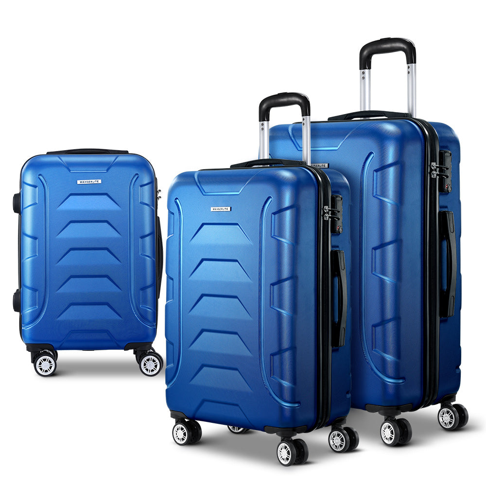 Wanderlite 3pc Luggage Trolley Travel Suitcase Set TSA Hard Shell Case Strap Blue-0