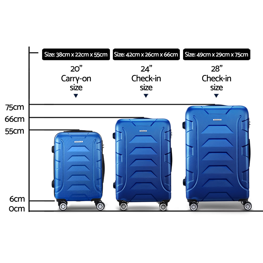 Wanderlite 3pc Luggage Trolley Travel Suitcase Set TSA Hard Shell Case Strap Blue-1