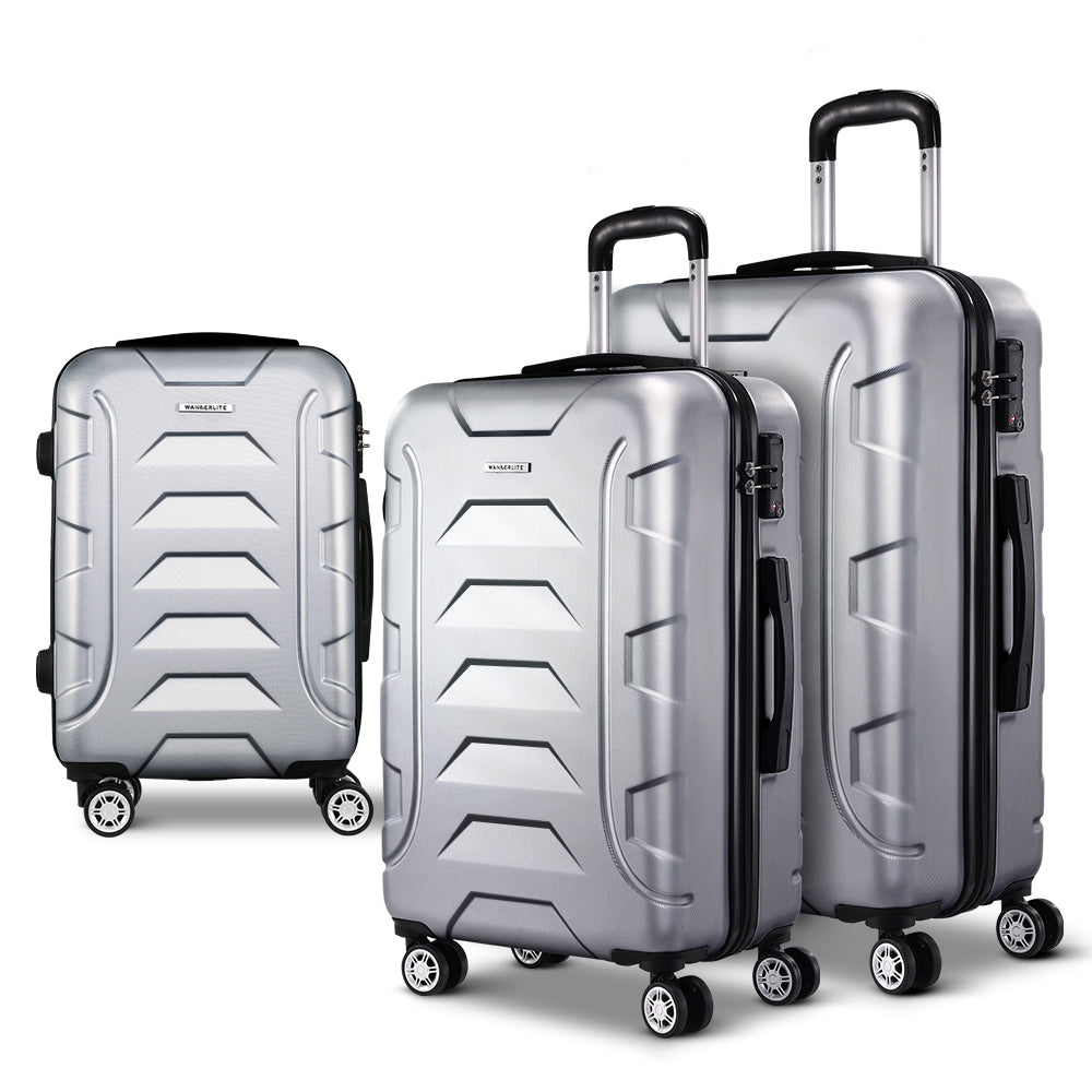 Wanderlite 3pc Luggage Trolley Travel Suitcase Set TSA Hard Case Shell Strap Silver-0