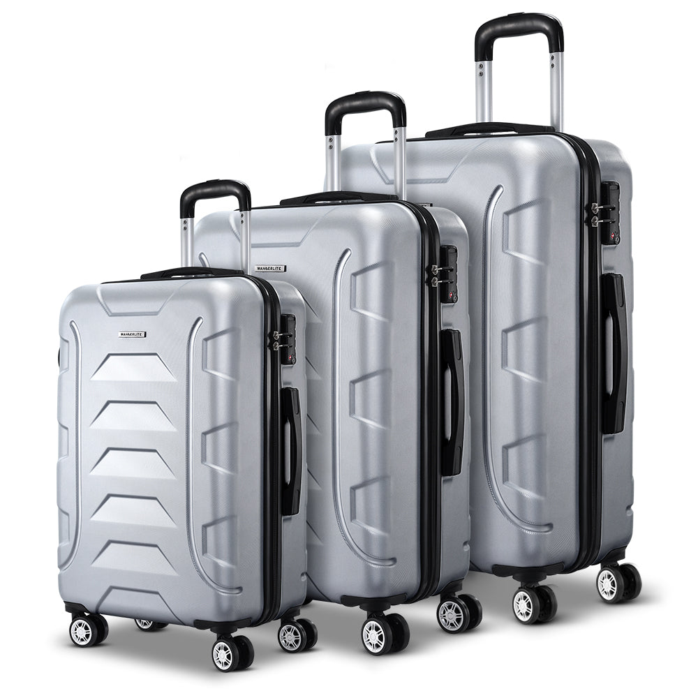 Wanderlite 3pc Luggage Trolley Travel Suitcase Set TSA Hard Case Shell Strap Silver-2