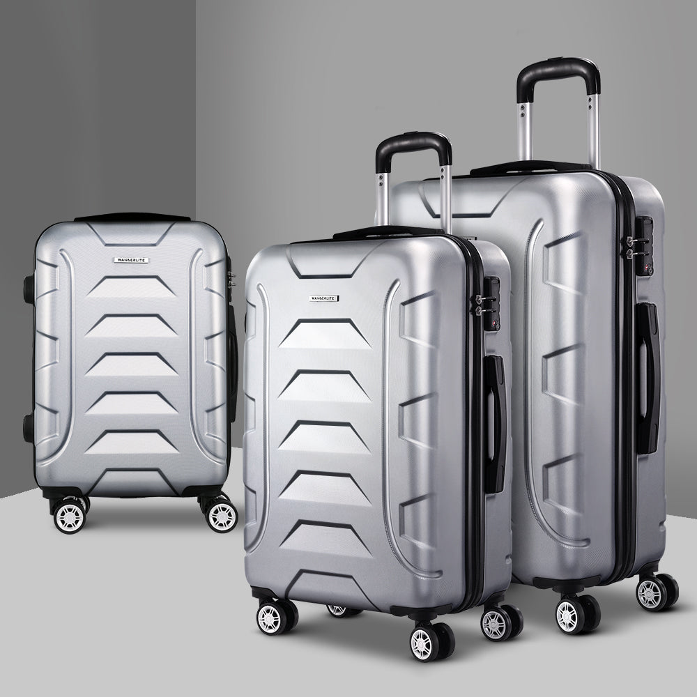 Wanderlite 3pc Luggage Trolley Travel Suitcase Set TSA Hard Case Shell Strap Silver-6