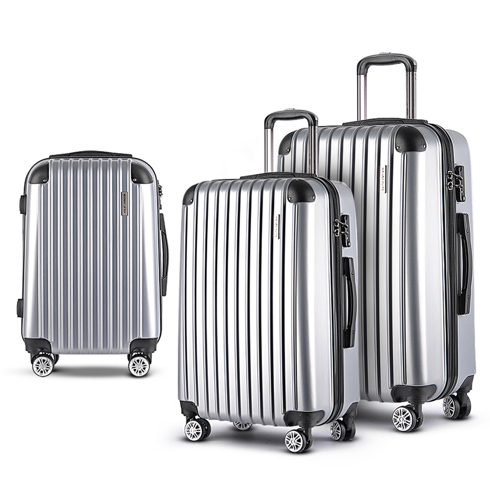 Wanderlite 3pc Luggage Trolley Travel Set Suitcase Carry On TSA Lock Hard Case Lightweight Silver-0