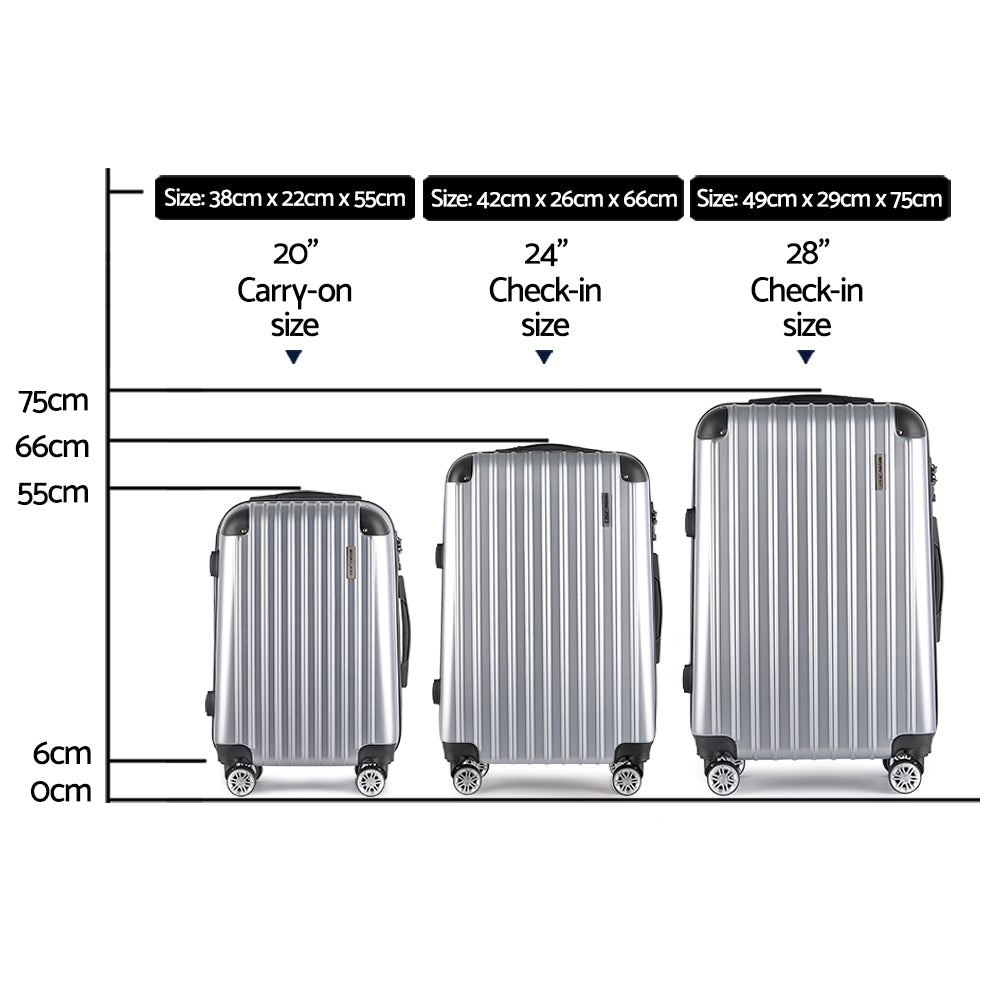 Wanderlite 3pc Luggage Trolley Travel Set Suitcase Carry On TSA Lock Hard Case Lightweight Silver-1