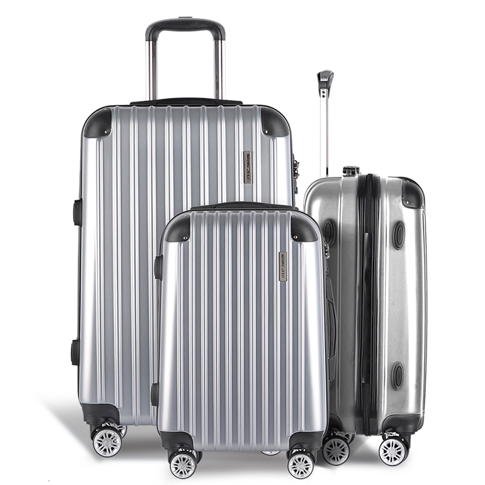 Wanderlite 3pc Luggage Trolley Travel Set Suitcase Carry On TSA Lock Hard Case Lightweight Silver-2