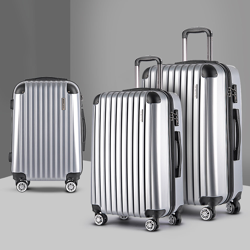 Wanderlite 3pc Luggage Trolley Travel Set Suitcase Carry On TSA Lock Hard Case Lightweight Silver-6