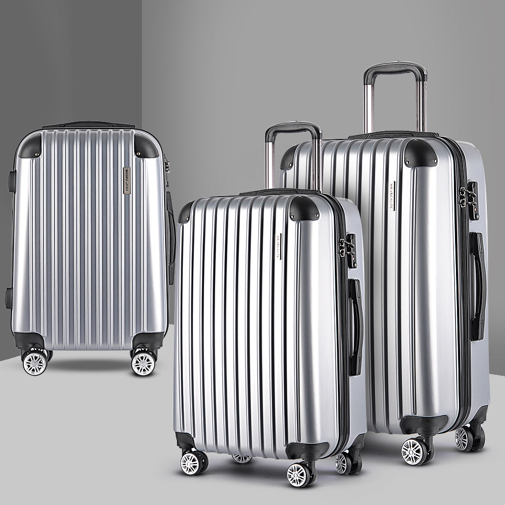 Wanderlite 3pc Luggage Trolley Travel Set Suitcase Carry On TSA Lock Hard Case Lightweight Silver-7