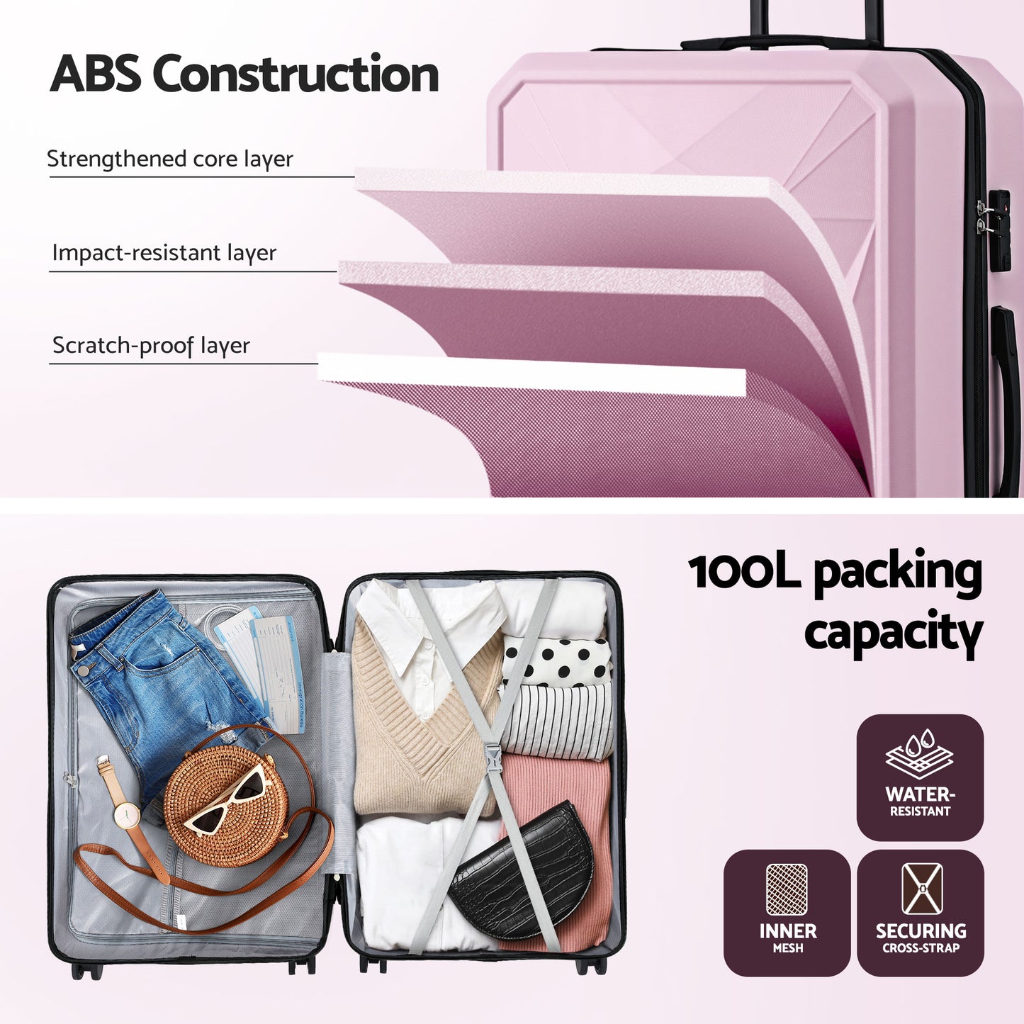 Wanderlite 28" Luggage Suitcase Trolley Travel Lightweight TSA Hardshell Pink-3