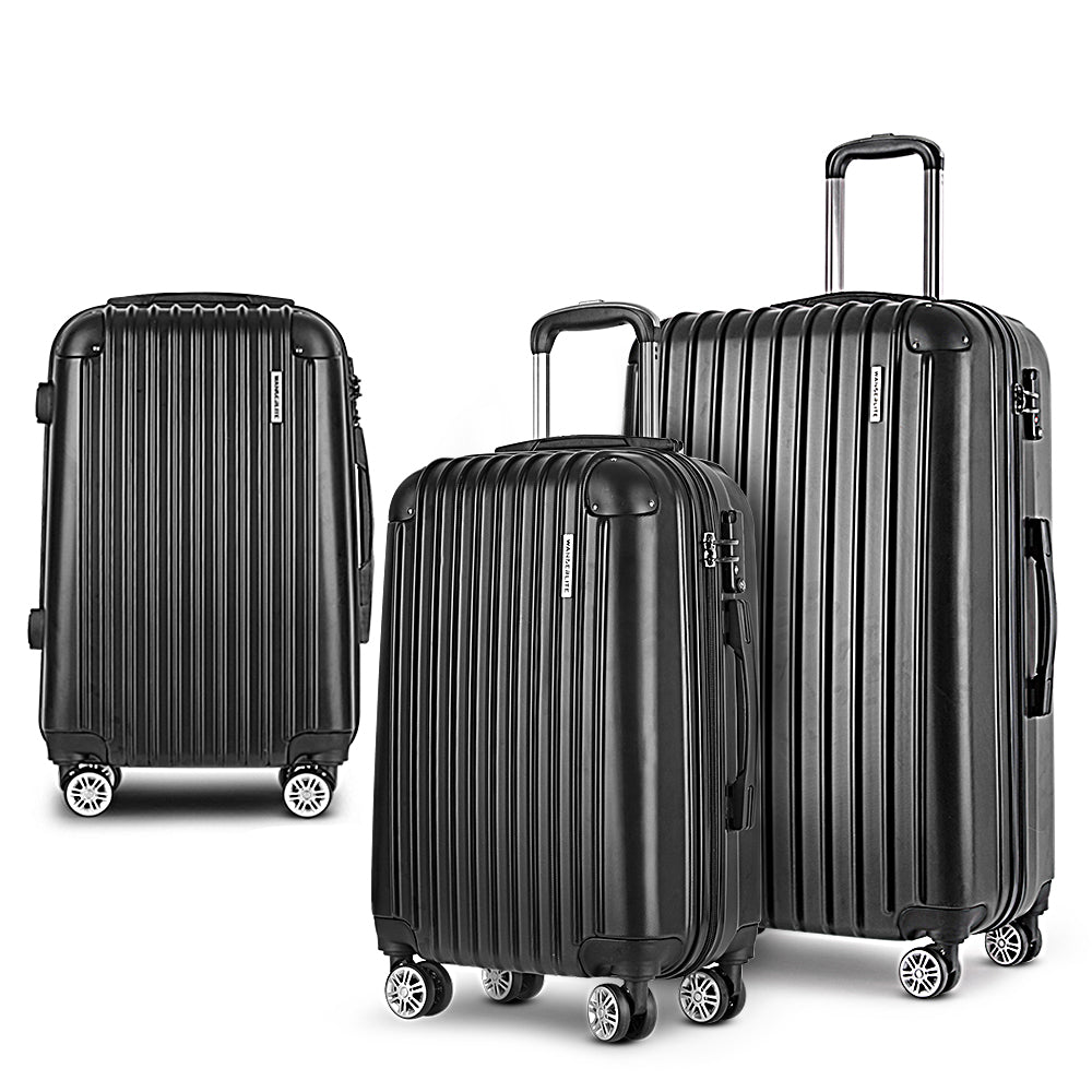 Wanderlite Luggage Set 3pc 20" 24" 28" Suitcase Hardcase Trolley Travel Black-0